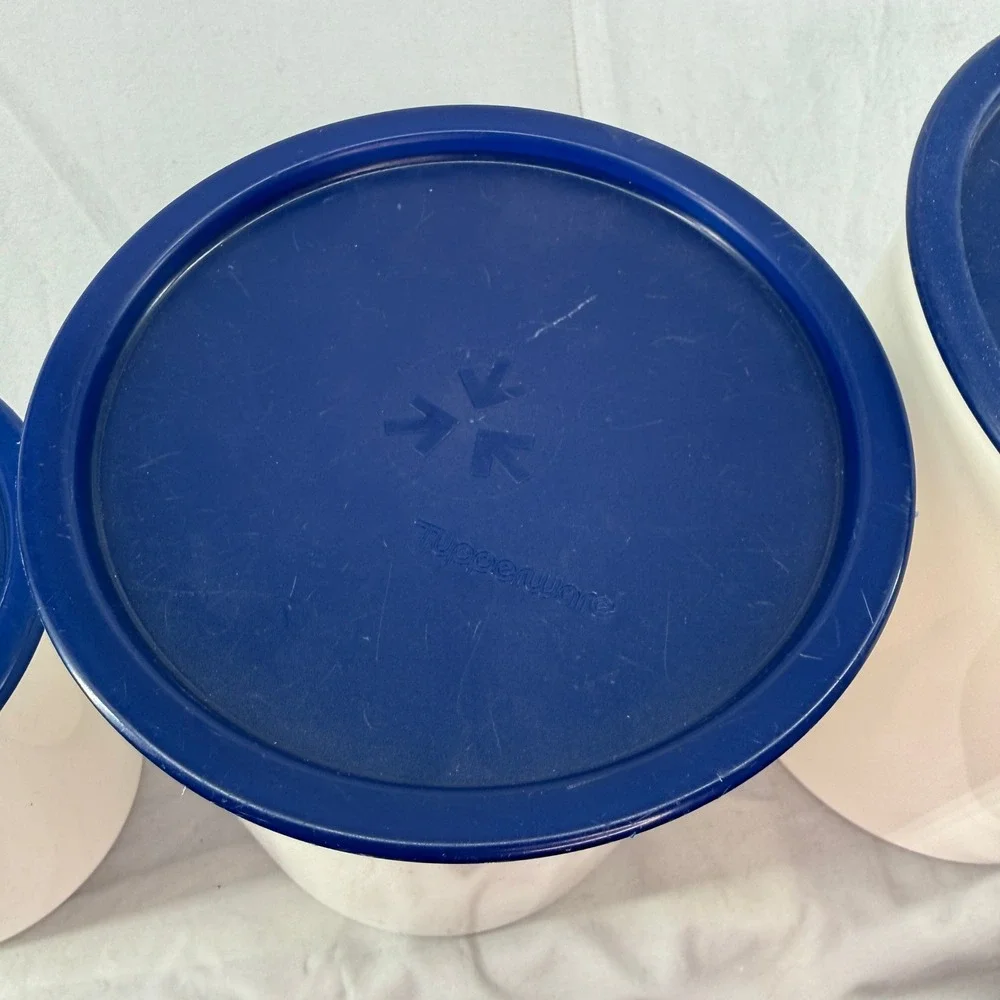 Tupperware 3 Piece Canister Set White with Navy Blue Lids Round Nesting USA Made